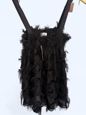 NWT Anthropologie Waverly Grey Black Feather-Trim Tank Top size XL